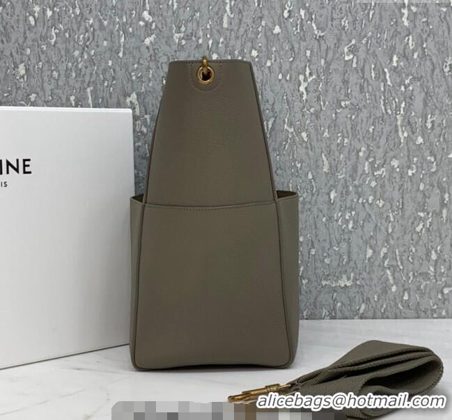 New Cheap Celine Seau Sangle Medium Bucket Bag in Supple Grained Calfskin 180543 Sage Grey 2024