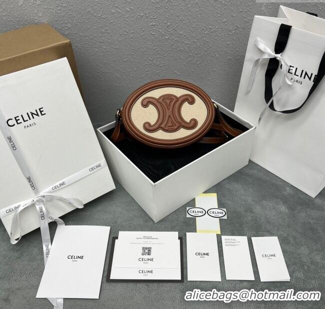 Fashion Discount Celine TRIOMPHE Oval Bag in Canvas and Calfskin 198604 Brown 2024 Top