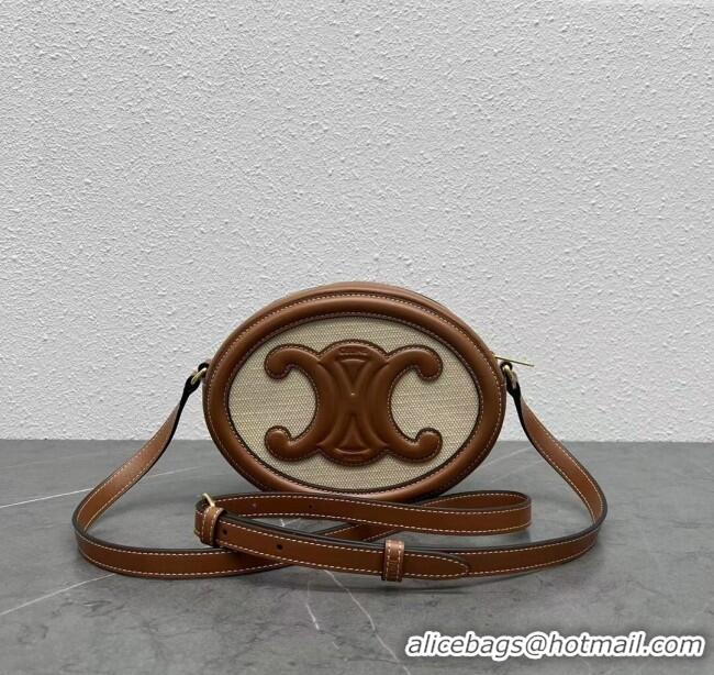 Fashion Discount Celine TRIOMPHE Oval Bag in Canvas and Calfskin 198604 Brown 2024 Top