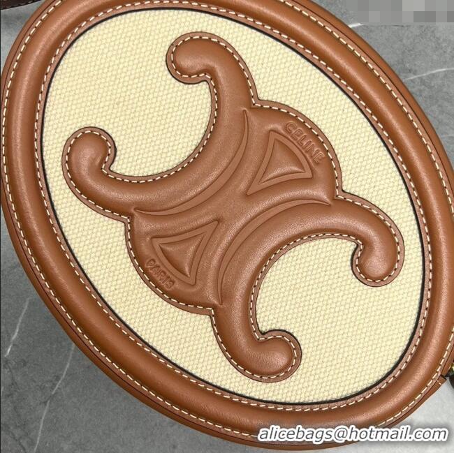 Fashion Discount Celine TRIOMPHE Oval Bag in Canvas and Calfskin 198604 Brown 2024 Top