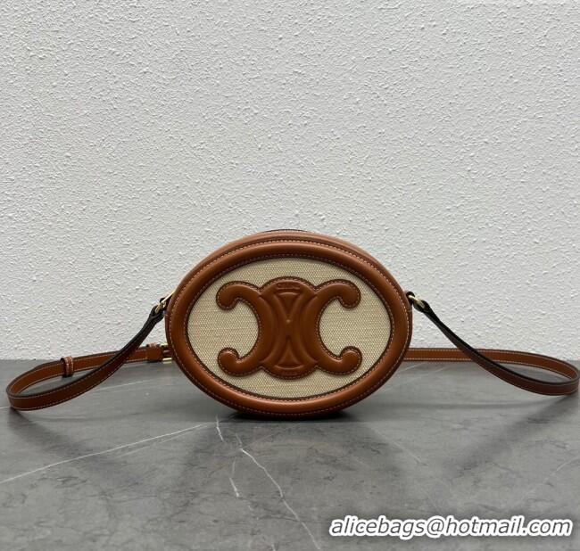 Fashion Discount Celine TRIOMPHE Oval Bag in Canvas and Calfskin 198604 Brown 2024 Top