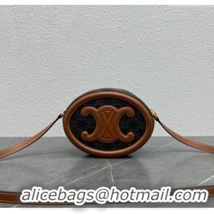Luxury Cheap Celine TRIOMPHE Oval Bag in Triomphe Canvas and Calfskin 198604 Tan 2024 Top