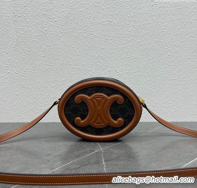 Luxury Cheap Celine TRIOMPHE Oval Bag in Triomphe Canvas and Calfskin 198604 Tan 2024 Top