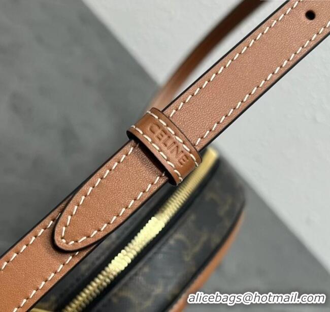 Luxury Cheap Celine TRIOMPHE Oval Bag in Triomphe Canvas and Calfskin 198604 Tan 2024 Top