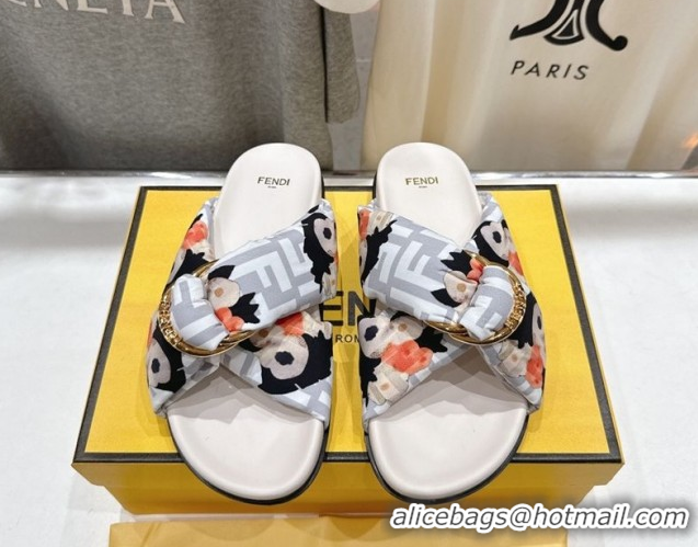 Luxury Cheap Fendi Feel Flat Slides Sandal in Printed FF Fabric with D-ring Buckle White 1216062