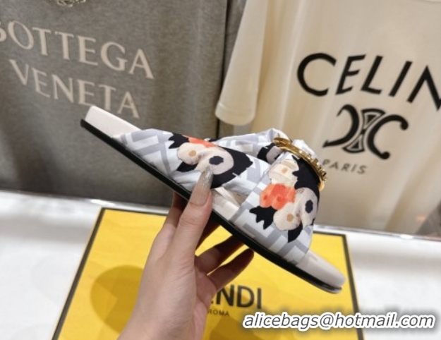 Luxury Cheap Fendi Feel Flat Slides Sandal in Printed FF Fabric with D-ring Buckle White 1216062