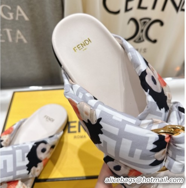 Luxury Cheap Fendi Feel Flat Slides Sandal in Printed FF Fabric with D-ring Buckle White 1216062