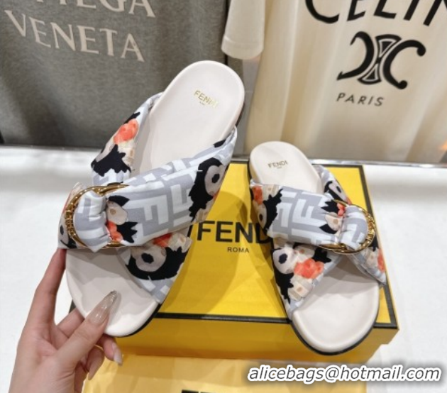 Luxury Cheap Fendi Feel Flat Slides Sandal in Printed FF Fabric with D-ring Buckle White 1216062