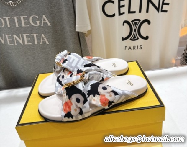 Luxury Cheap Fendi Feel Flat Slides Sandal in Printed FF Fabric with D-ring Buckle White 1216062