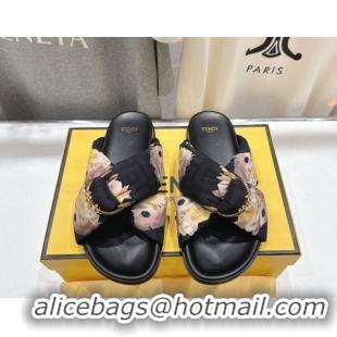 Luxury Fendi Feel Flat Slides Sandal in Printed FF Fabric with D-ring Buckle Black/Multicolor 1216063