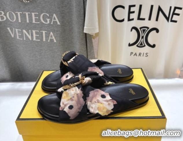 Luxury Fendi Feel Flat Slides Sandal in Printed FF Fabric with D-ring Buckle Black/Multicolor 1216063