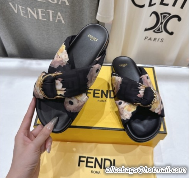 Luxury Fendi Feel Flat Slides Sandal in Printed FF Fabric with D-ring Buckle Black/Multicolor 1216063