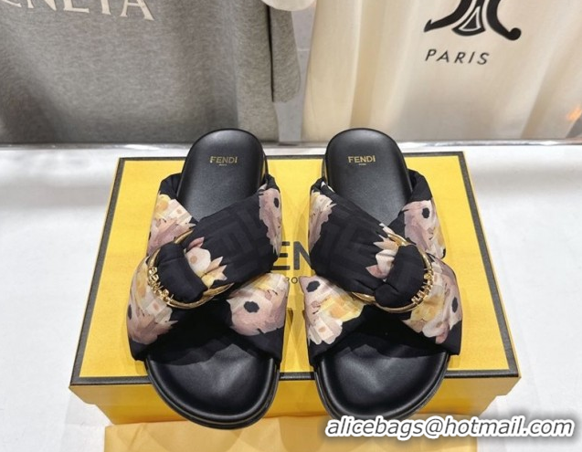 Luxury Fendi Feel Flat Slides Sandal in Printed FF Fabric with D-ring Buckle Black/Multicolor 1216063