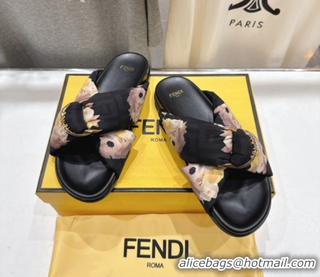 Luxury Fendi Feel Flat Slides Sandal in Printed FF Fabric with D-ring Buckle Black/Multicolor 1216063