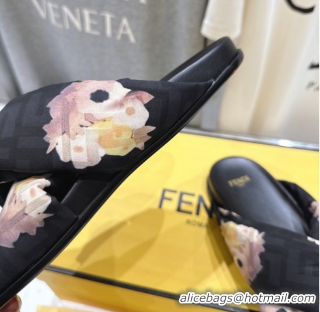 Luxury Fendi Feel Flat Slides Sandal in Printed FF Fabric with D-ring Buckle Black/Multicolor 1216063