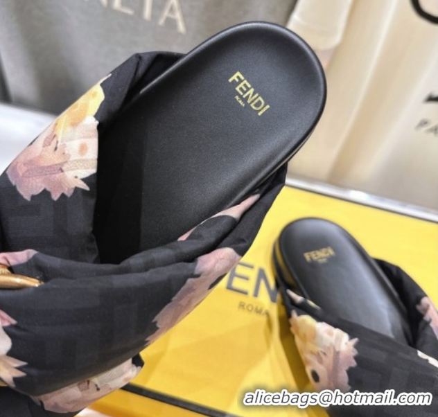 Luxury Fendi Feel Flat Slides Sandal in Printed FF Fabric with D-ring Buckle Black/Multicolor 1216063