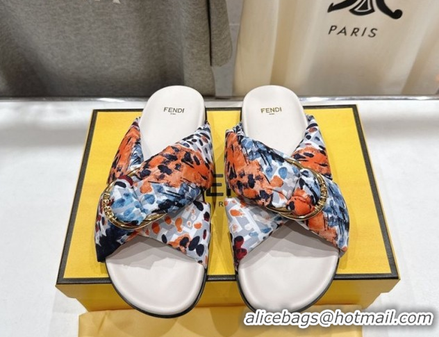 Top Design Fendi Feel Flat Slides Sandal in Printed FF Fabric with D-ring Buckle Multicolored 1216064