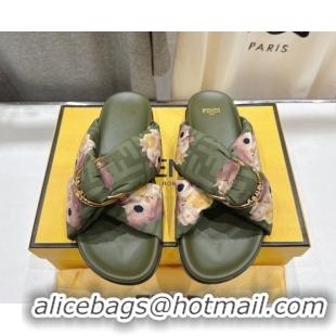 Good Product Fendi Feel Flat Slides Sandal in Printed FF Fabric with D-ring Buckle Green 1216065