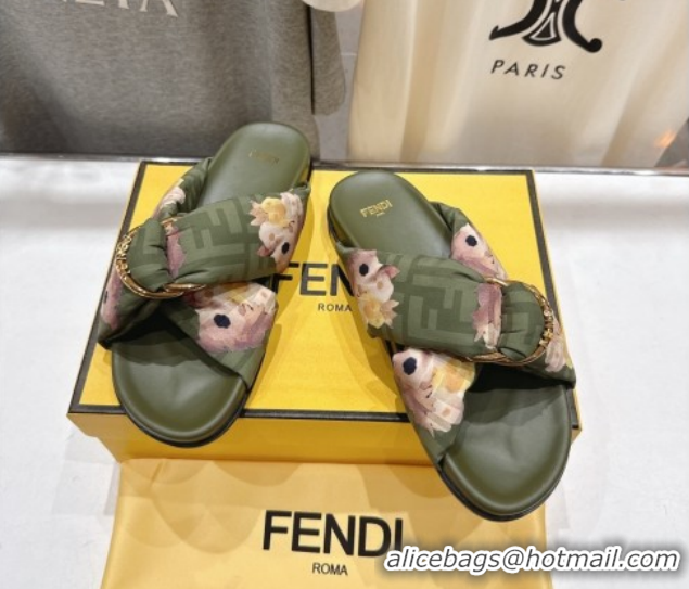 Good Product Fendi Feel Flat Slides Sandal in Printed FF Fabric with D-ring Buckle Green 1216065