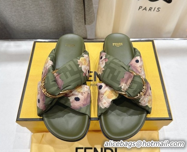 Good Product Fendi Feel Flat Slides Sandal in Printed FF Fabric with D-ring Buckle Green 1216065