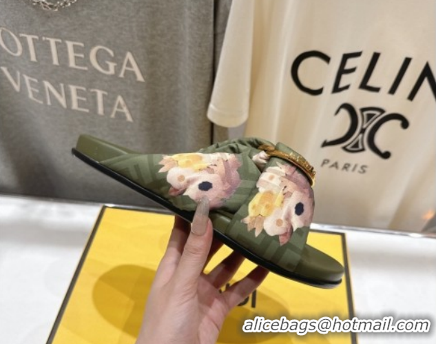 Good Product Fendi Feel Flat Slides Sandal in Printed FF Fabric with D-ring Buckle Green 1216065
