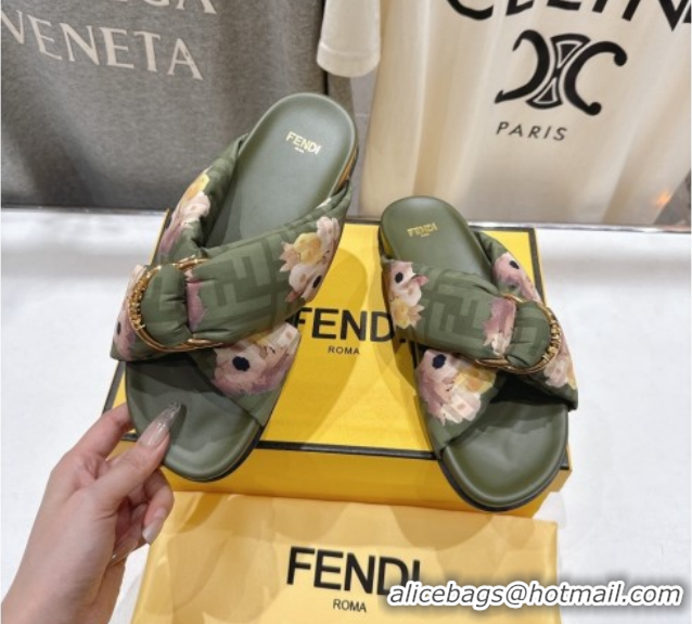 Good Product Fendi Feel Flat Slides Sandal in Printed FF Fabric with D-ring Buckle Green 1216065