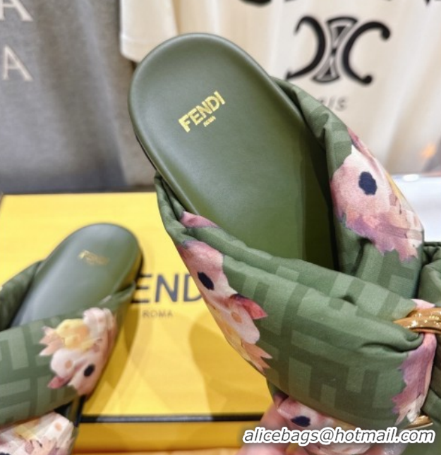 Good Product Fendi Feel Flat Slides Sandal in Printed FF Fabric with D-ring Buckle Green 1216065