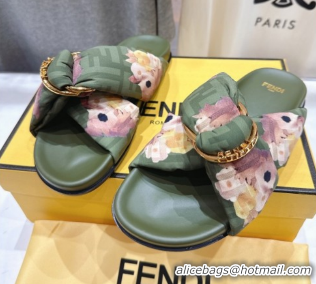 Good Product Fendi Feel Flat Slides Sandal in Printed FF Fabric with D-ring Buckle Green 1216065