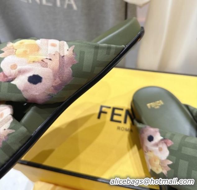 Good Product Fendi Feel Flat Slides Sandal in Printed FF Fabric with D-ring Buckle Green 1216065