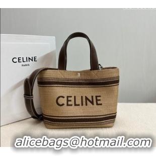 Luxury Cheap Celine Mini Cabas Tote Bag in Textile with Raffia Efeect and Calfskin 116992 Khaki/Brown 2024