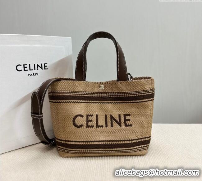 Luxury Cheap Celine Mini Cabas Tote Bag in Textile with Raffia Efeect and Calfskin 116992 Khaki/Brown 2024