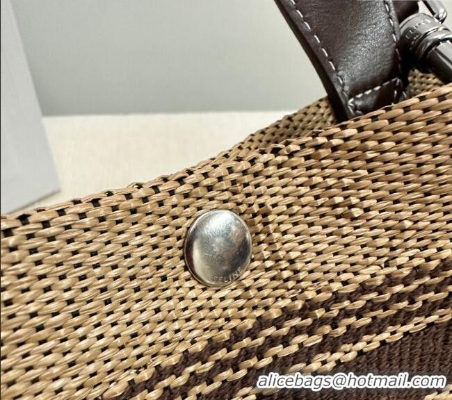 Luxury Cheap Celine Mini Cabas Tote Bag in Textile with Raffia Efeect and Calfskin 116992 Khaki/Brown 2024