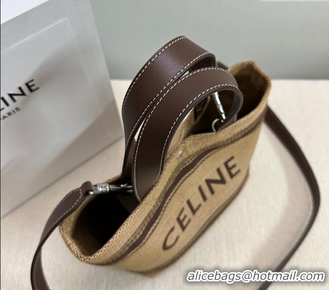Luxury Cheap Celine Mini Cabas Tote Bag in Textile with Raffia Efeect and Calfskin 116992 Khaki/Brown 2024