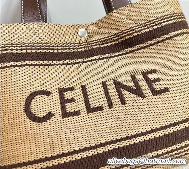 Luxury Cheap Celine Mini Cabas Tote Bag in Textile with Raffia Efeect and Calfskin 116992 Khaki/Brown 2024