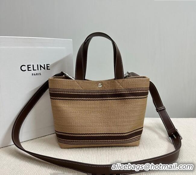 Luxury Cheap Celine Mini Cabas Tote Bag in Textile with Raffia Efeect and Calfskin 116992 Khaki/Brown 2024