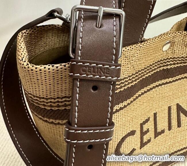 Luxury Cheap Celine Mini Cabas Tote Bag in Textile with Raffia Efeect and Calfskin 116992 Khaki/Brown 2024