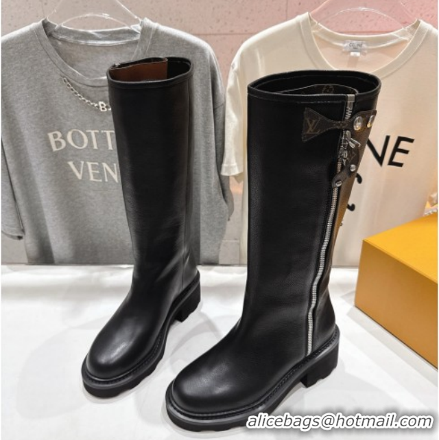 Best Price Louis Vuitton LV Beaubourg Flat High Boots in Grained Leather with Zip 1AICEH Black 1021088