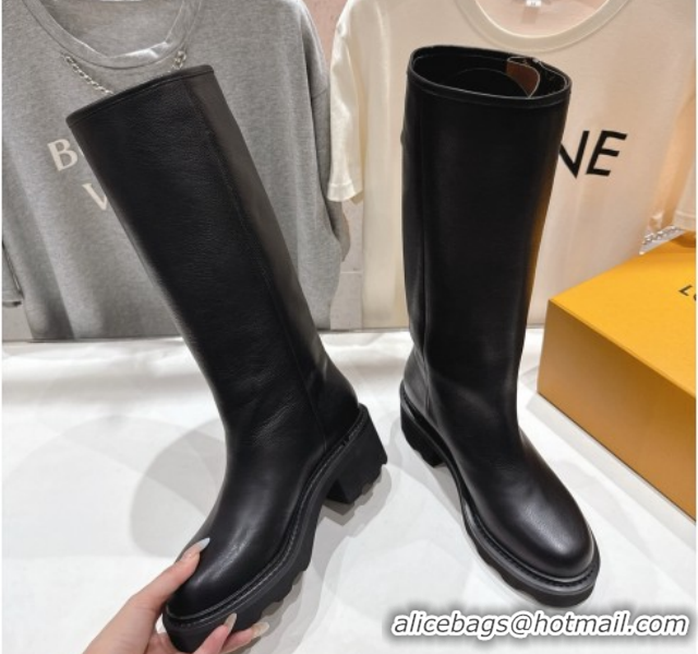 Best Price Louis Vuitton LV Beaubourg Flat High Boots in Grained Leather with Zip 1AICEH Black 1021088