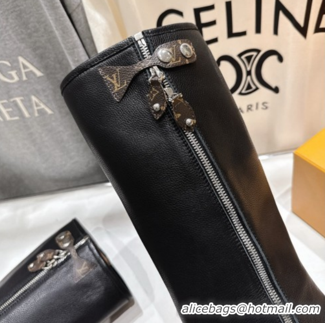 Best Price Louis Vuitton LV Beaubourg Flat High Boots in Grained Leather with Zip 1AICEH Black 1021088