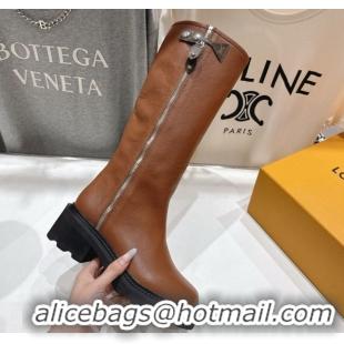 Top Grade Louis Vuitton LV Beaubourg Flat High Boots in Grained Leather with Zip 1AICEH Brown 1021089