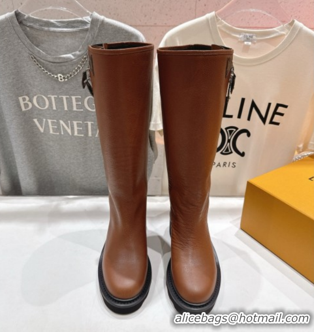 Top Grade Louis Vuitton LV Beaubourg Flat High Boots in Grained Leather with Zip 1AICEH Brown 1021089