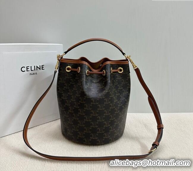 New Cheap Celine Clara Bucket bag in Triomphe Canvas and Calfskin 116882 Brown 2024
