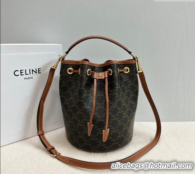 New Cheap Celine Clara Bucket bag in Triomphe Canvas and Calfskin 116882 Brown 2024