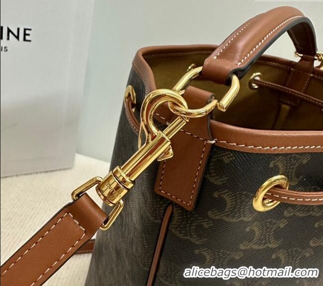 New Cheap Celine Clara Bucket bag in Triomphe Canvas and Calfskin 116882 Brown 2024
