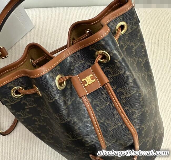 New Cheap Celine Clara Bucket bag in Triomphe Canvas and Calfskin 116882 Brown 2024