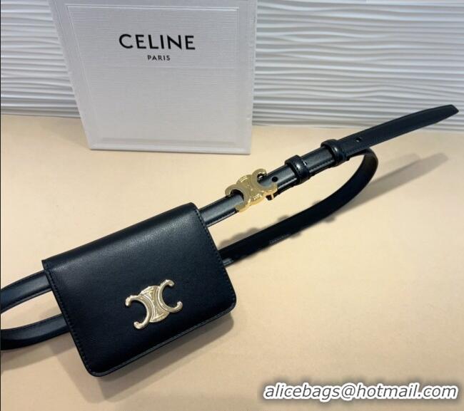 Buy Classic Celine Trapeze Calfskin Card Wallet Pouch Belt 0708 Black 2024