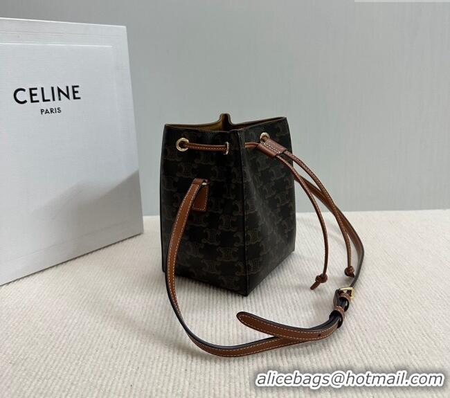 Buy Classic Celine Micro Sailor Bucket bag in Triomphe Canvas and Calfskin 10M742 Brown 2024