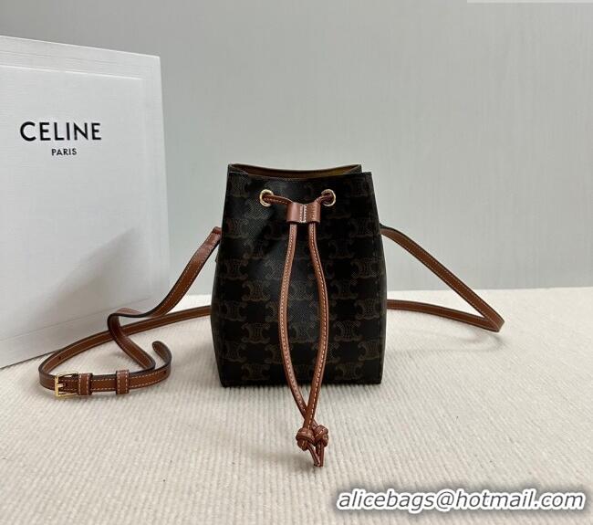 Buy Classic Celine Micro Sailor Bucket bag in Triomphe Canvas and Calfskin 10M742 Brown 2024