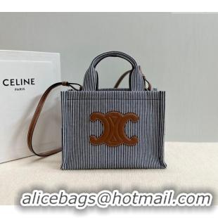 Grade Quality Celine Small Cabas Thais Tote Bag in Striped Textile 199162 Navy Blue 2024