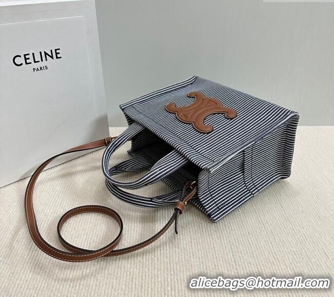 Grade Quality Celine Small Cabas Thais Tote Bag in Striped Textile 199162 Navy Blue 2024